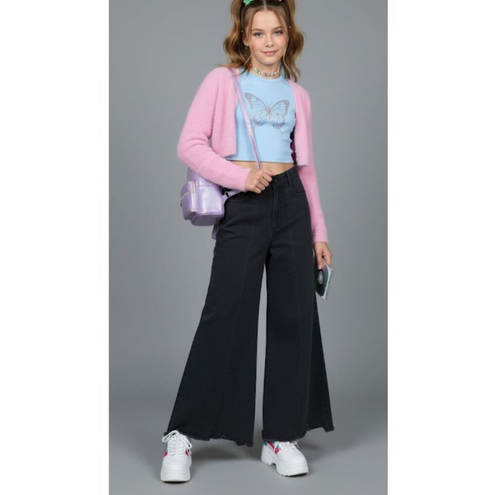 Tractr Grunge Skater 90s Y2k High Waisted Frayed Hem Denim Flare Jeans Girls' 24